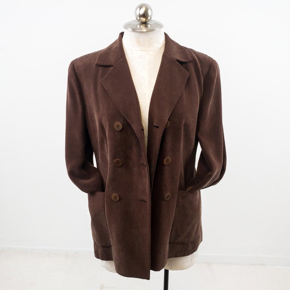 Vintage 90s M Sueded Silk Skirt Power Suit Brown - Picture 2 of 16